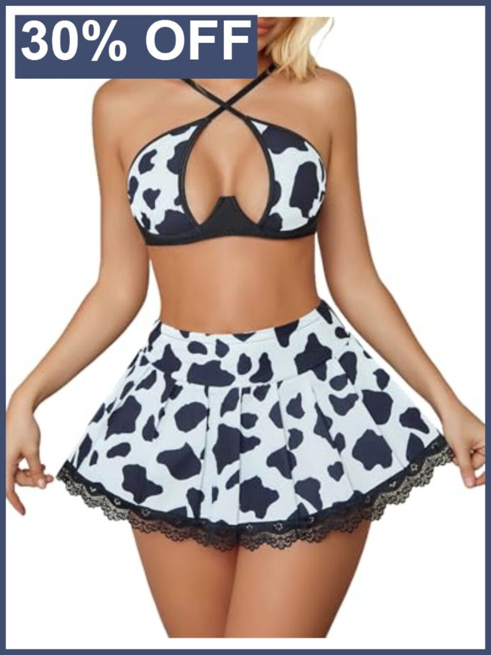 Lace Schoolgirl Costume Set Criss-Cross Top Mini Pleated Skirt Cosplay 2Pc